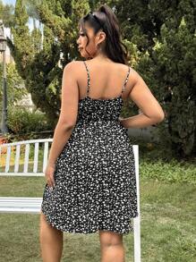 SHEIN EZwear Plus Size Black Ditsy Floral Bohemian Style A-Line Dress, Holiday Season, Spring/Summer