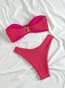 Soleia Solid Color Textured Hollow Out Bikini Set, Vacation & Beach