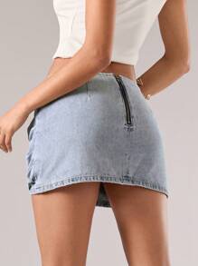 SHEIN BAE Women's Fashion Ruched Wrap Denim Mini Skirt, Summer - Grey - View 2