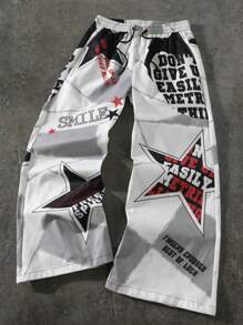 PAVTROS Men's Drawstring Waist Pocket Pentagram Studded Wide Leg Pants,Rhinestone,Halloween,Halloween Party,Streetwear - Multicolor - View 1