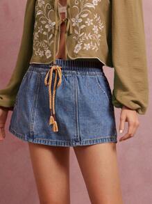 WESTFADE High Rise Elasticized Drawstring Waist Loose Fit Western Cowgirl Denim Skort Spring Break Casual Beach Vacation - Medium Wash - View 4