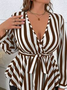 EMERY ROSE Plus Size Striped Printed Cross Collar Asymmetrical Hem Blouse Peplum Top - Coffee Brown - View 3