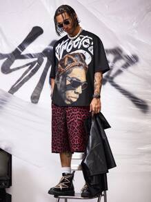 AXEPEAK Men's Oversized Digital Leopard Printed Loose Straight Leg Bermuda Shorts, Suitable For Summer, Streetwear Essential