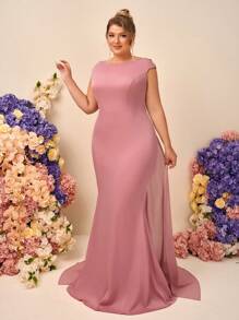 SHEIN Belle Plus Elegant Satin Dress With Faux Pearl Decor, Open Back Mermaid Hem Maxi Bridesmaid Gown