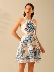 CAJUNI 女士波西米亚风热带花卉蓝色印花无袖前系带露背迷你沙滩裙，夏季休闲度假太阳裙 - 彩色 - 查看 7