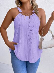 EMERY ROSE Plus Size Casual Solid Color Hollow Embroidery Tank Top - Mauve Purple - View 4
