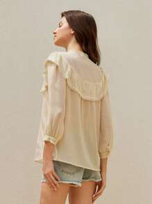 Aveloria Rosie Nueva Blusa elegante y casual de mujer con estilo francés retro, cuello en V, parche, acabado con volantes decorativos y mangas medianas de gasa