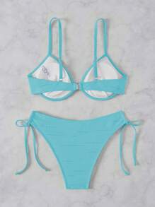 Swim Mod 2026 Spring/Summer Blue Special Fabric Spaghetti Strap Underwire Supportive Bow Tie Cute Sweet Vacation Side Drawstring Tie High Cut Bottoms Women 2-Piece Bikini Set - Baby Blue - View 7