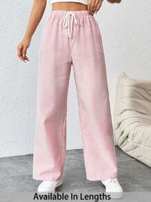 SHEIN Tall CURVE 大码休闲条纹抽绳腰直筒裤 - 粉色 - 查看 1