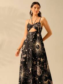 CAJUNI Váy dây mảnh in họa tiết ngôi sao mặt trăng nhiệt đới Boho cổ điển cho nữ, phong cách kỳ nghỉ - Nhiều màu - Xem 4