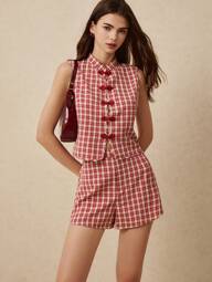 Poéselle Women 2 Pieces Set Sleeveless Vest And Mini Skirt, Casual Stylish Outfit For Summer, Cute Outfits For Women,New Chinese Style Top With Shorts Suit,Red And White Checkered Fabric Suit