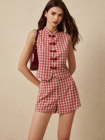 Poéselle 女式两件套无袖背心和迷你裙，夏季休闲时尚服装，女士可爱服装，新款中式上衣搭配短裤套装，红白格纹面料套装