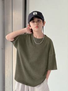 Camiseta de punto de manga corta con cuello redondo, de corte relajado y sobredimensionado en colores lavados, apta para la escuela, el jardín, la playa, las fiestas de cumpleaños, primavera, verano, otoño e invierno, para niños preadolescentes