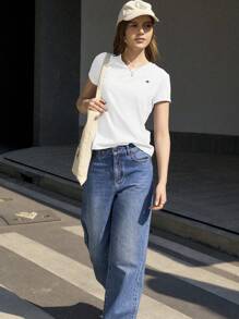 Camiseta de manga corta informal y minimalista con estampado de estrella para mujeres - Blanco - Ver 3