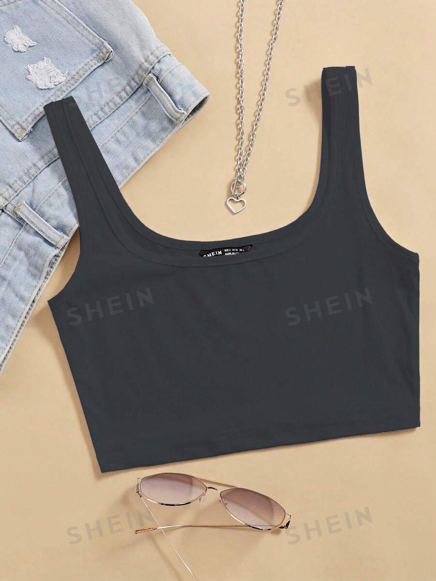 SHEIN Unity Camiseta sin mangas de unicolor para mujer, minimalista y de moda, adecuada para el verano - Gris - Ver 1
