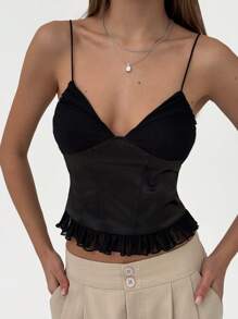Aloruh Camiseta ajustada para mujer con tirantes finos y encaje con diseño de espina de pescado