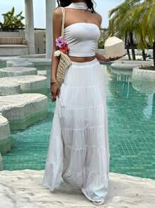 Lunelith SHEIN Lunessa 2 sztuki damskiego zestawu wakacyjnego, swobodnego, solidnego topu tuby i spódnicy