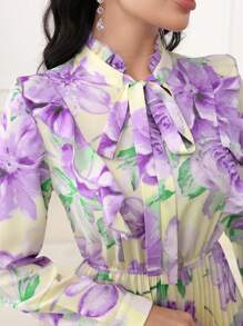 Modelyn 女士花卉印花 V 领长袖优雅连衣裙 - 杏色 - 查看 5