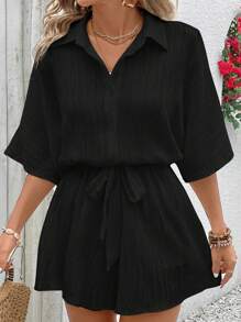 SHEIN VCAY Bộ đồ liền thân tay ngắn màu trơn cỡ lớn, tối giản và thời trang phù hợp cho mùa hè - màu đen - Xem 4