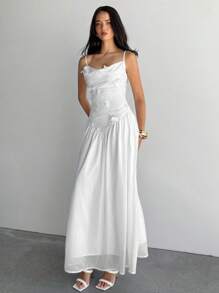 Aloruh Váy chiffon hở lưng cổ khoét sâu thêu hoa dành cho nữ, màu trắng - trắng - Xem 3