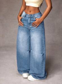 SHEIN ICON Quần Jeans Ống Rộng Rộng Mặc Thường Ngày Cho Nữ - Màu xanh nhạt - Xem 5