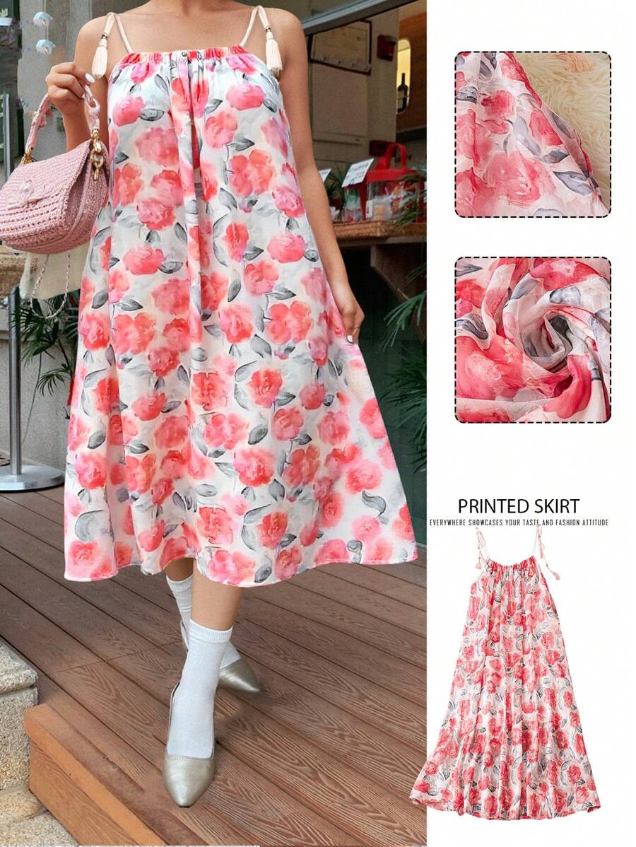 SHEIN Clasi 大码花卉印花夏季度假吊带连衣裙