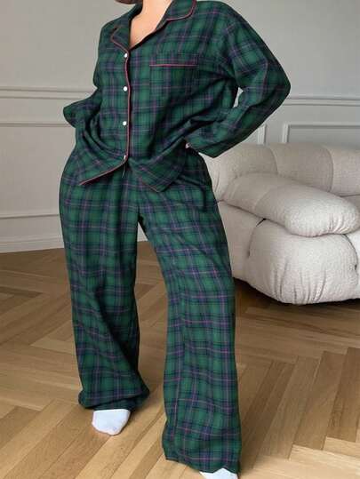 Dazy Plus Große Größen Locker Kariert Kragen Top & Hose Pyjama Set, Geeignet für alle Jahreszeiten, Winterkleidung