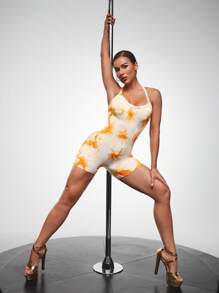 Menodora SHEIN Sport Menodora SHEIN Sport Macaquinho Tie Dye Mulheres com Cruzamento das Costas para Atividades Diárias, Fitness e Esportes - Laranja - Visão 3