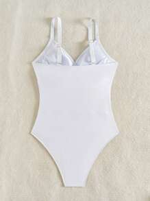 SHEIN Swim 女士纯色交叉设计时尚露背连体泳衣 - 白色 - 查看 2