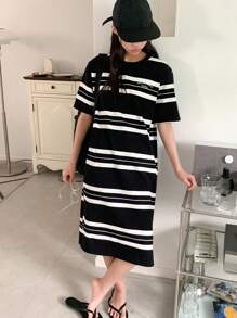 DAZY Tween Girl Letter Striped Round Neck Short Sleeve Casual Long Dress - Black and White - View 5