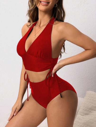 Swim Lushoire Versatile Adjustable Drawstring Bikini Set With High-Waisted Bottoms For Women For Summer Beach Vacation