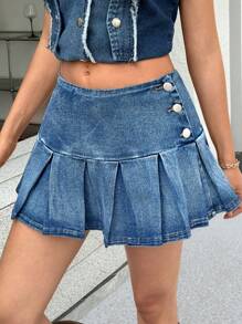 SHEIN EZwear 女士侧扣褶皱时尚短款牛仔裙 - 藍色 - 查看 1