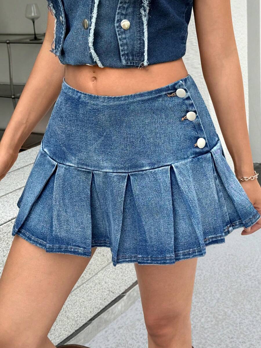 SHEIN EZwear 女士侧扣褶皱时尚短款牛仔裙 - 藍色 - 查看 1