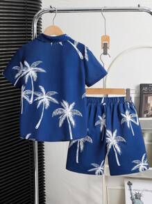 SHEIN Bộ 2 món áo sơ mi tay ngắn dệt cổ bẻ cho bé trai tuổi mới lớn và quần short - Màu xanh hải quân - Xem 2