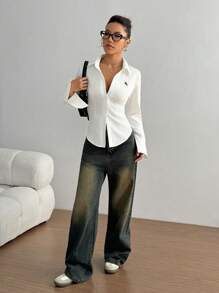 SHEIN PETITE 女士刺绣修身纽扣长袖休闲衬衫 - 白色 - 查看 6