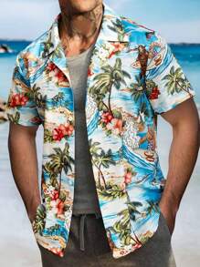 Manfinity RSRT Camisa casual de manga corta con estampado de palmeras tropicales para hombre