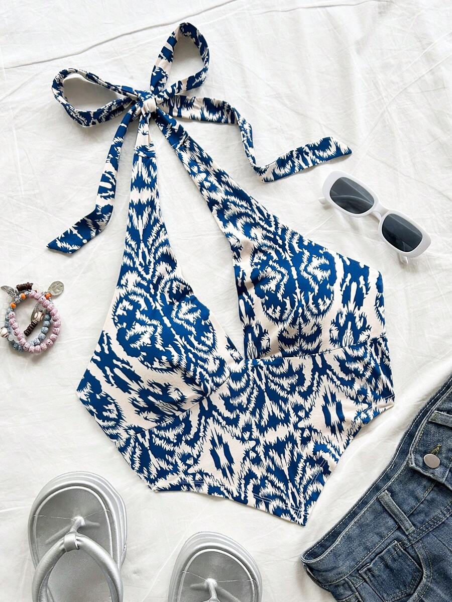 Soleia Women's Summer Boho Beach Vacation Holiday Pastel Blue Floral Printed Backless Tie-Front V-Neck Crop Tank Tops, Ruffled Party Rave Tops - Multicolor - View 1