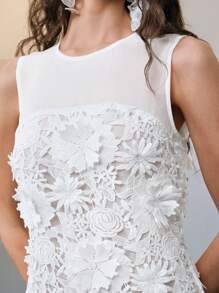 SHEIN LUNE 纯色碎花无袖圆领镂空性感优雅休闲度假约会女士中长连衣裙，适合春夏季，适合伴娘服、晚礼服、正式活动 - 白色 - 查看 6