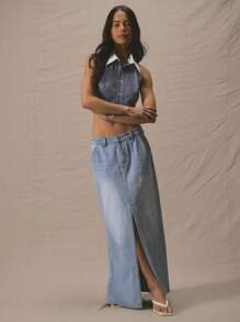 MUSERA Mid Rise Denim Maxi Skirt Spring Summer Cute Vacation 90's Y2k Evening Party Elegant - Blue - View 1