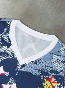 PAVTROS 男士V领字母印花宽松休闲T恤 - 彩色 - 查看 4