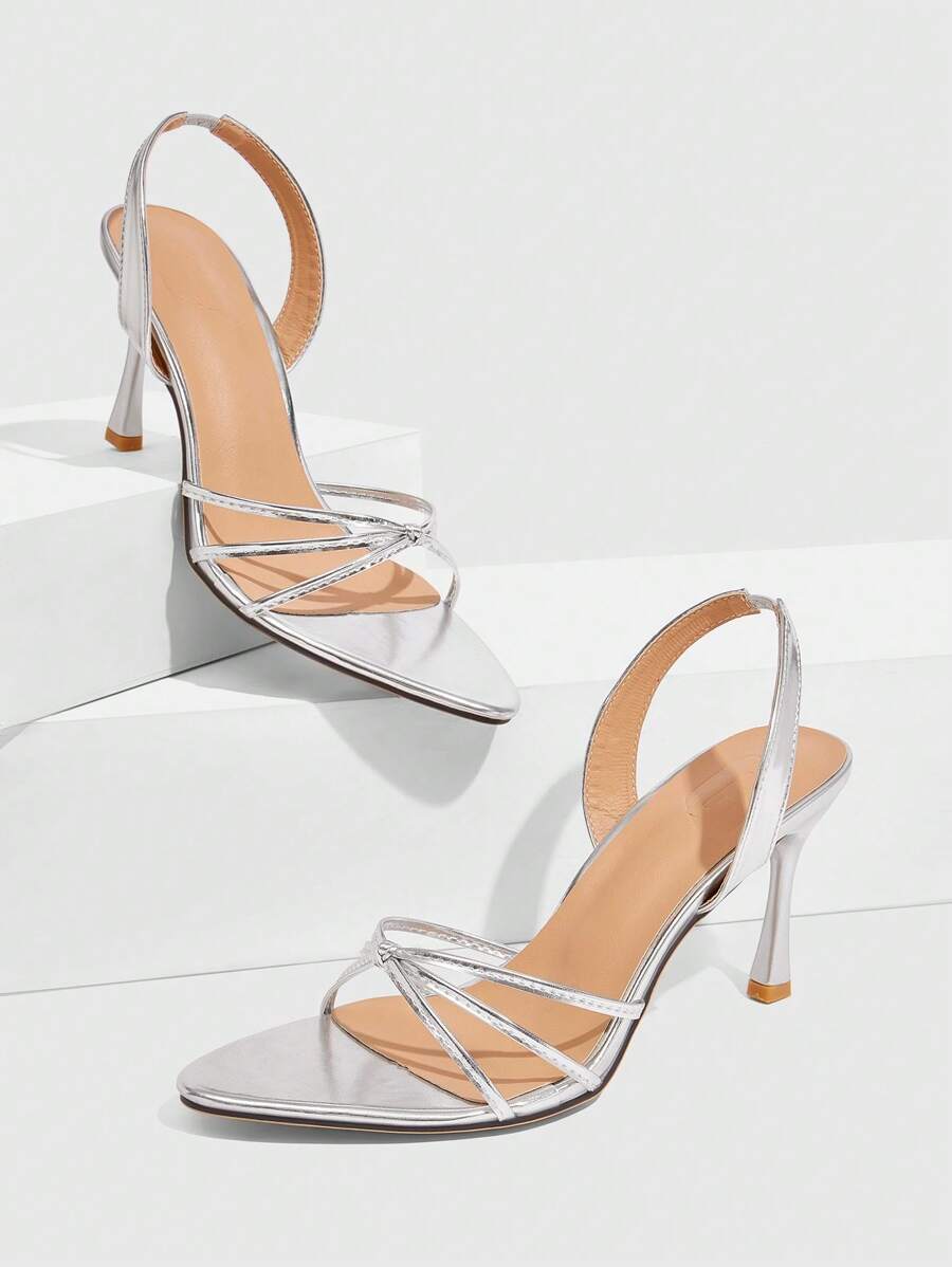 CUCCOO SZL Pointed Toe Slim High Heel Sandals, Rhinestone Embellished Closed Toe Versatile Dress Sandals - Silver - View 1