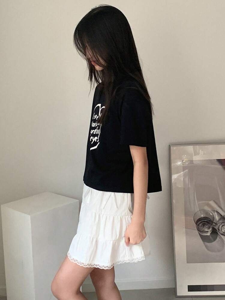 2pcs/Set Tween Girl Round Neck Short Sleeve Letter Print Top And Skirt Set, Minimalist