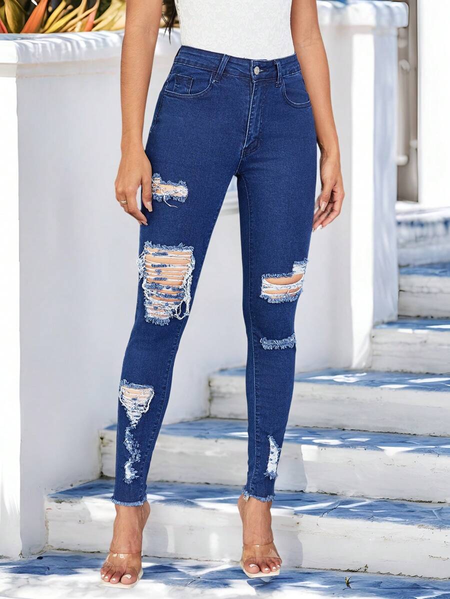 SHEIN LUNE Damen Destroyed Fit Jeans