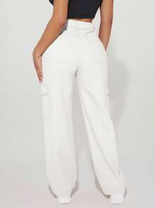 SHEIN PETITE Casual Simple Solid Color Cargo Denim Jeans