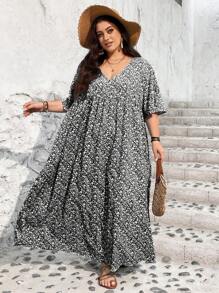 SHEIN CURVE+ Đầm Babydoll cổ chữ V tay ngắn họa tiết hoa rộng rãi cho nữ đi nghỉ mát cỡ lớn - màu đen - Xem 8