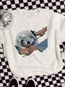 女士休闲金属球印花短袖 T 恤，夏季 - 白色 - 查看 1