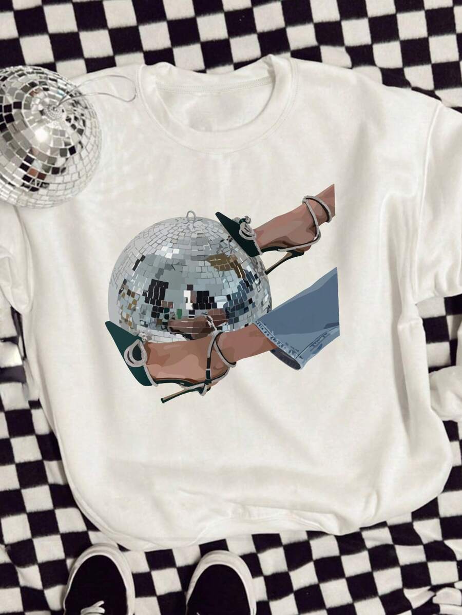 女士休闲金属球印花短袖 T 恤，夏季 - 白色 - 查看 1