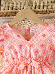 SHEIN Baby Girl Summer Cute Lantern Sleeve Round Neck Bowknot Retro Print Casual Comfortable Outdoor Dress