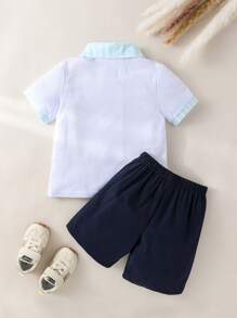 SHEIN Young Boy Boys' (Small) Casual Minimalist Striped Collar Short Sleeve POLO Shirt And Contrasting Color Shorts Set, Suitable For Summer