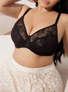 1pc Women Plus Size Thin Lace Wire-Free Lingerie Bra - Black - View 5